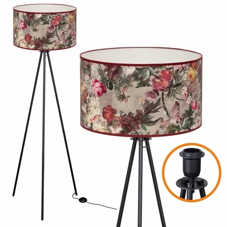Nowoczesna lampa tripod na czarnych nogach z kwiatowym abażurem