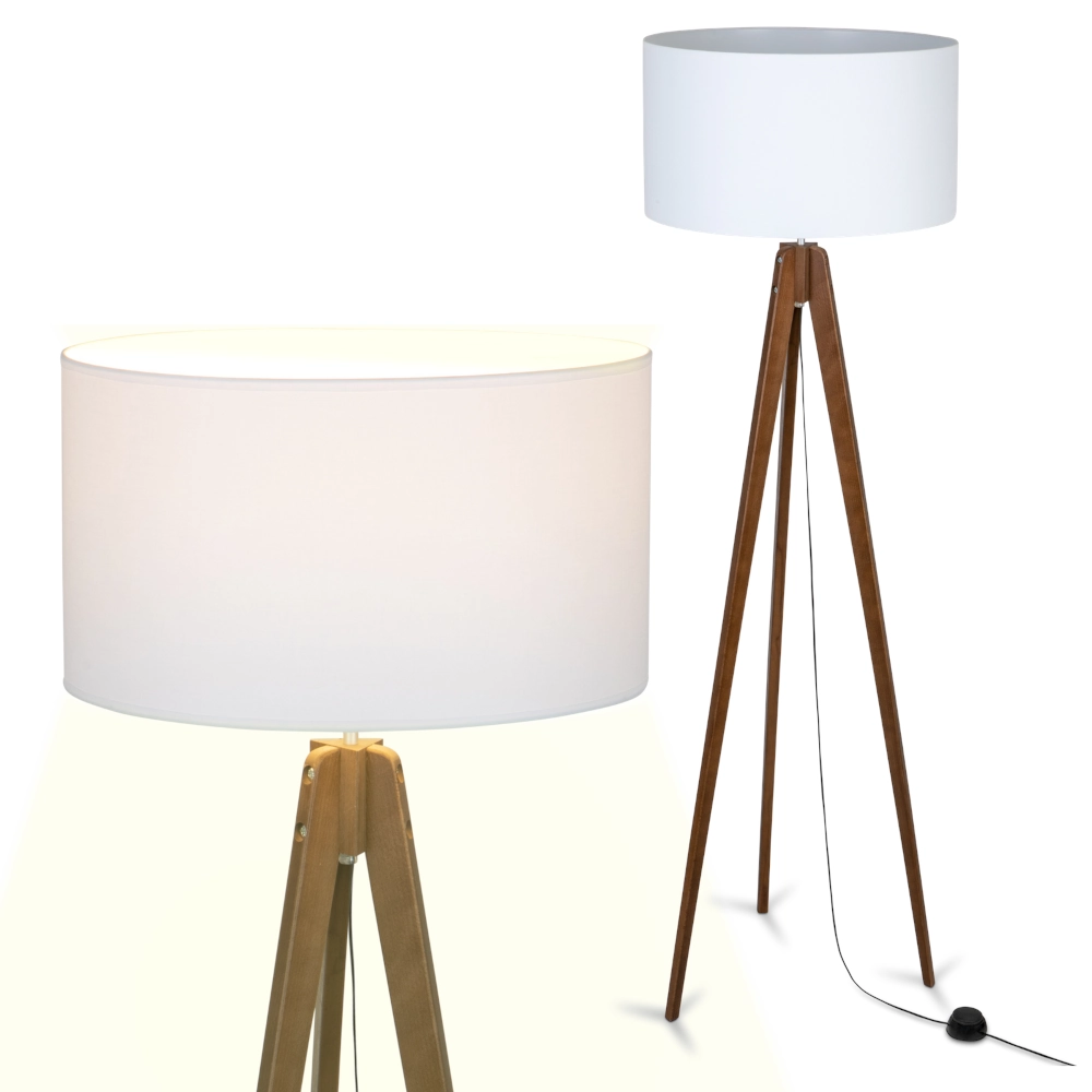 lampa-podlogowa-drewniana-bialy-abazur- trójnóg orzech