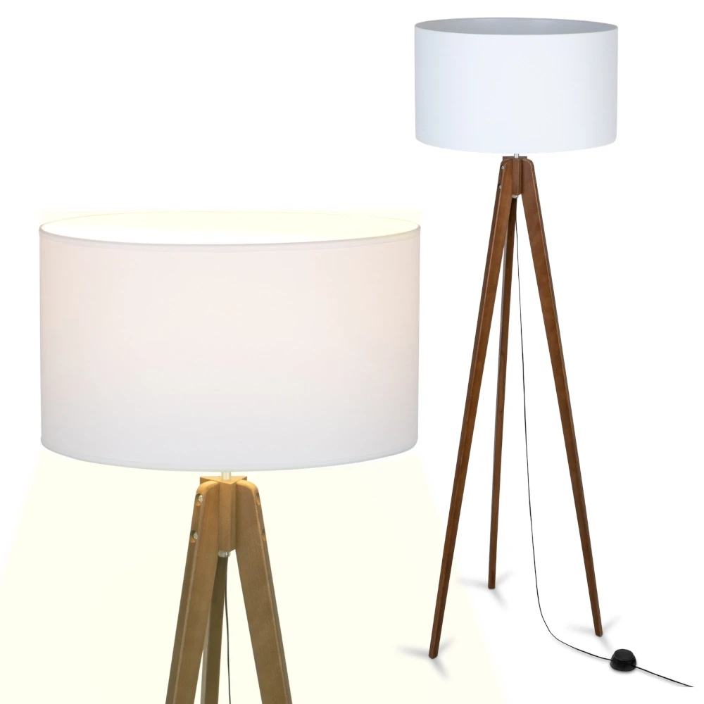 lampa-podlogowa-drewniana-bialy-abazur- trójnóg orzech