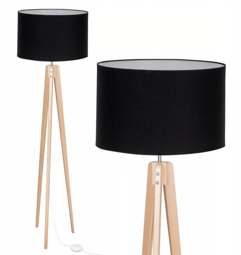 Lampa Podłogowa NATURA – Drewniana noga Czarny Abażur