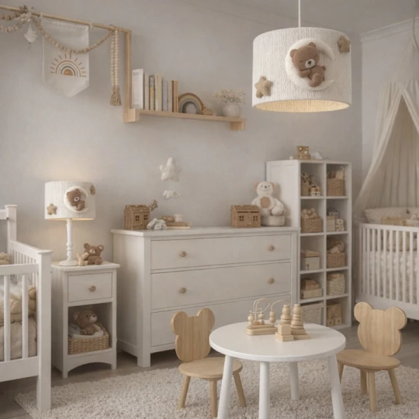 Zestaw lamp boho do pokoju dziecka - lampa wisząca i lampka nocna z abażurem sznurkowym Miś od Patihome