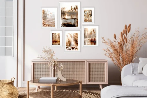 Zestaw 6 Plakatów Jezioro i Łódka - Ciepłe Kolory do salonu