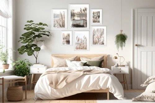 Galeria ścienna do sypialni – Zestaw 6 Plakatów Trawy Pampasowe i Jezioro