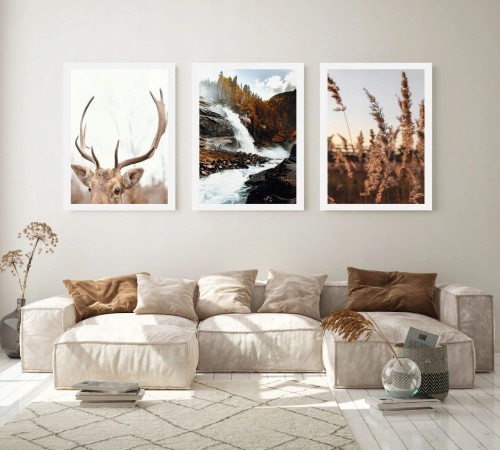 Plakat krajobraz z wodospadem i jesiennym lasem, fotografia natury na ścianę