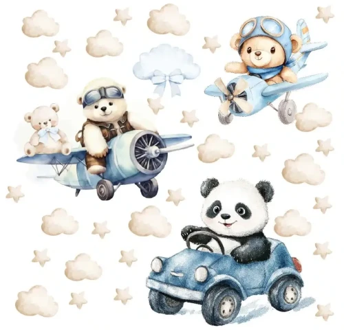 Zestaw naklejek ściennych z misiami w samolotach i pandą w aucie - styl imitujący akwarelę