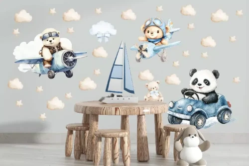 Naklejka ścienna misie w pojazdach do pokoju chłopca