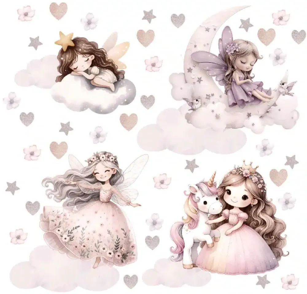 Zestaw naklejek ściennych wróżki i jednorożec styl akwarelowy różowe