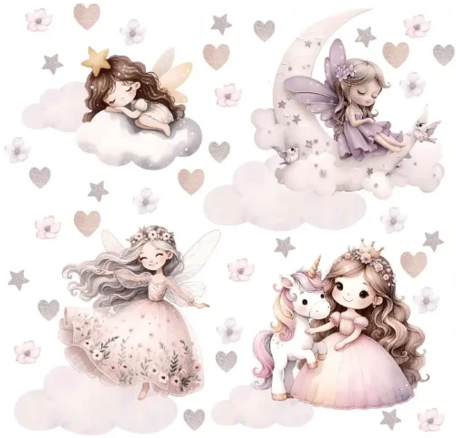 Zestaw naklejek ściennych wróżki i jednorożec styl akwarelowy różowe