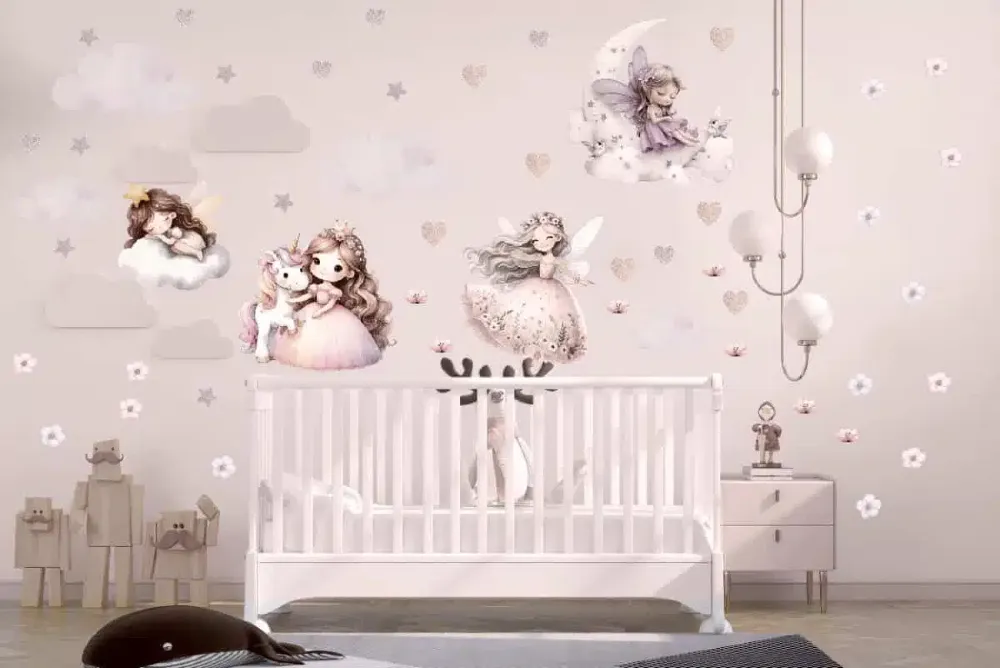 Dekoracja ścienna z jednorożcem i księżniczką pastelowe serduszka i gwiazdki