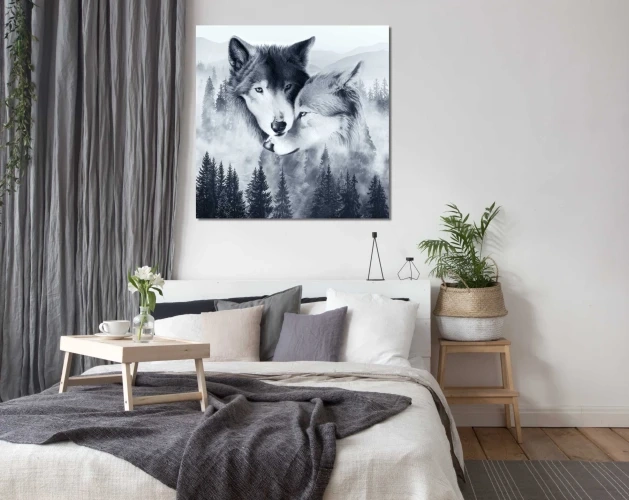 czarno-bialy-obraz-z-wilkami-dekoracja-sciany-sypialnia