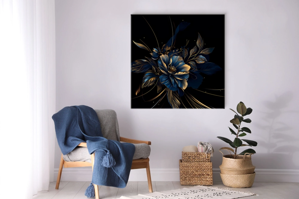 luksusowy-obraz-z-bukietem-granatowo-zlotym-dekoracja-sciany