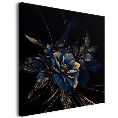 obraz-na-plotnie-granatowe-kwiaty-zlote-liscie-glamour-kwadrat
