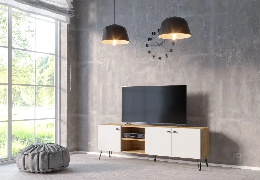 Szafka RTV dąb biały 160 na metalowych nogach