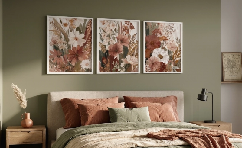 Tryptyk kwiatowy w stylu boho nad łóżkiem w sypialni, kolory ziemi, miedziane kwiaty.