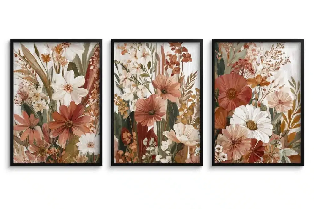 Tryptyk kwiatowy w stylu boho nad łóżkiem w sypialni, kolory ziemi, miedziane kwiaty.