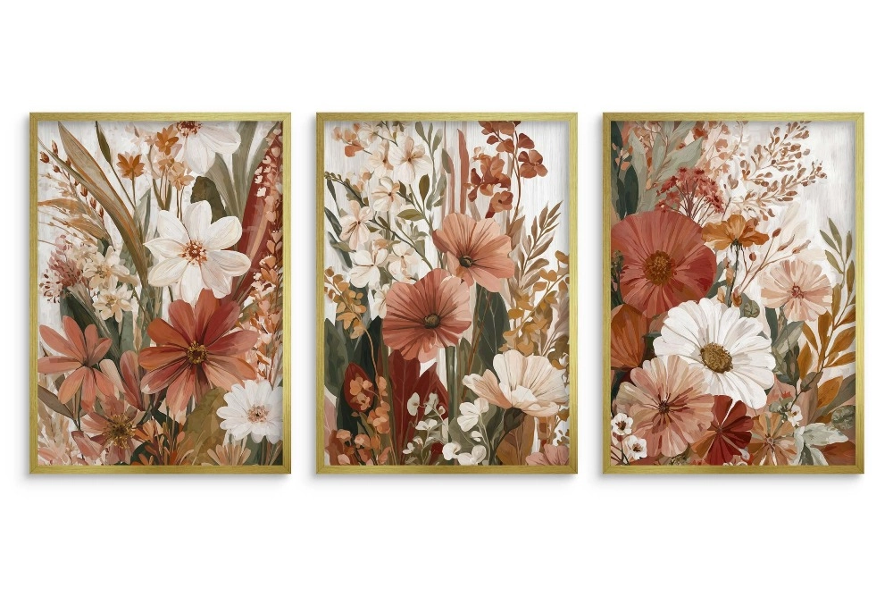 Tryptyk plakaty w kwiaty w stylu boho