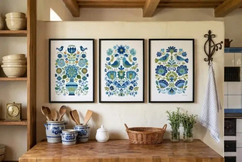 Plakaty folk z niebieskimi ptakami w czarnych ramkach na jasnej ścianie w kuchni.