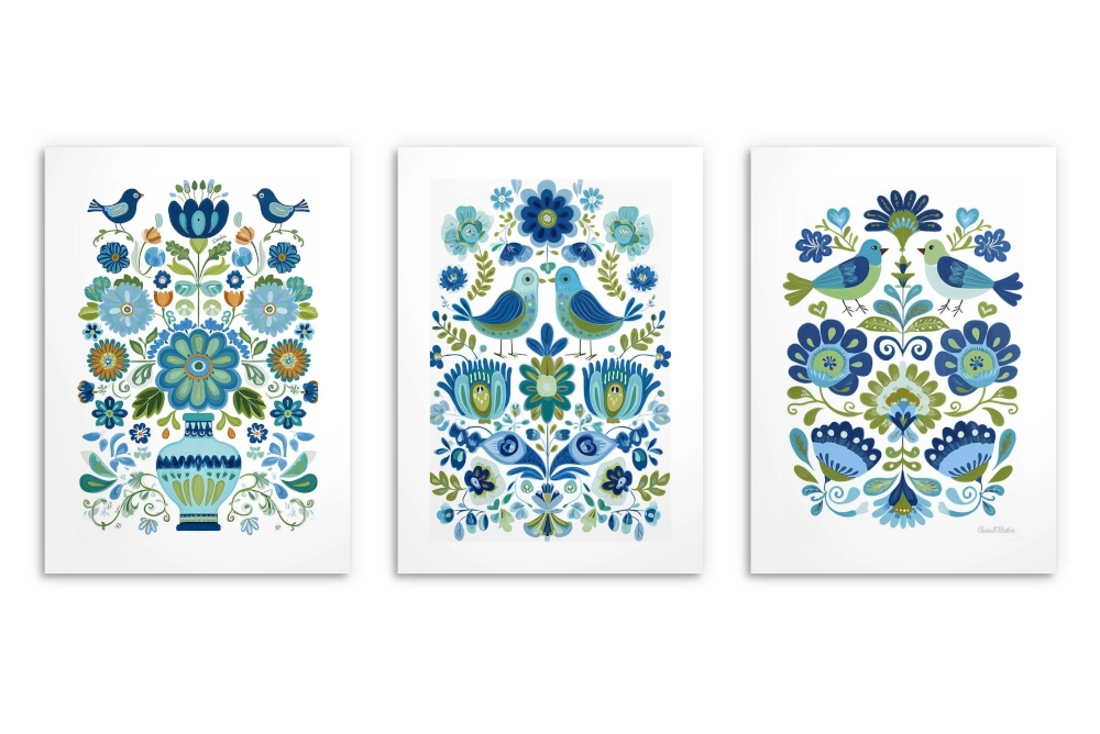 Zestaw grafik inspirowanych polskim folklorem w chłodnej, eleganckiej palecie błękitu i zieleni.