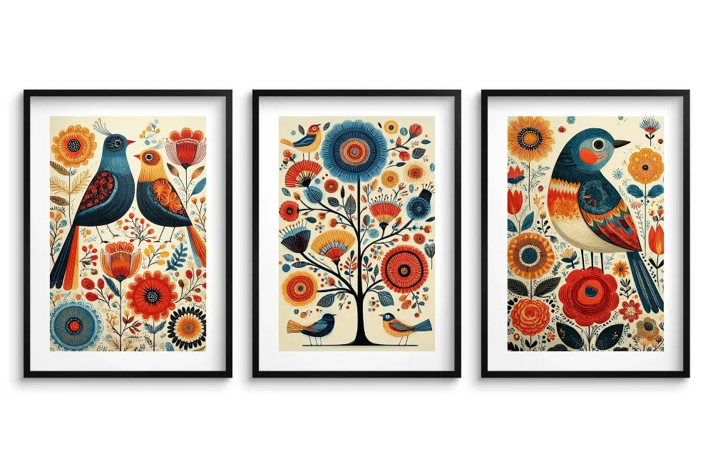 plakaty z ptakami w stylu retro