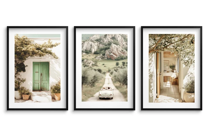 Tryptyk Włochy: retro samochód, zielone drzwi, taras z drzewem oliwnym w czarnych ramkach