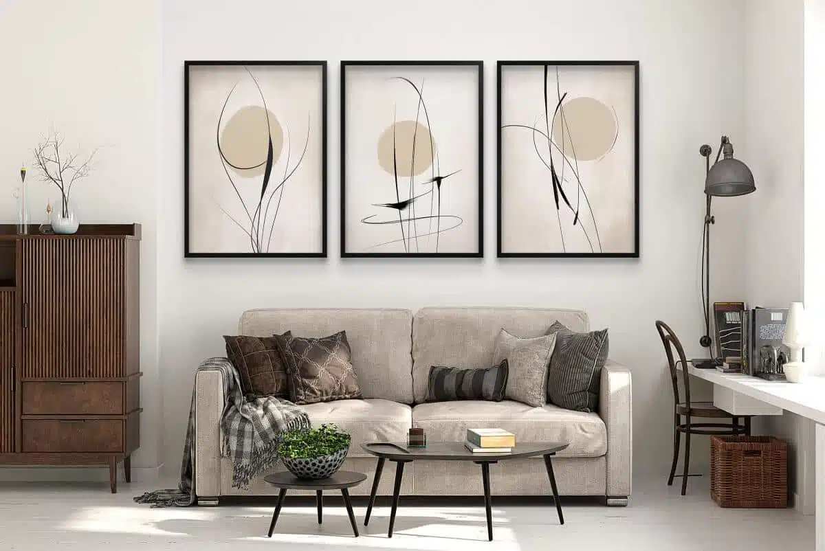 Abstrakcyjny tryptyk z motywem słońca  do salonu