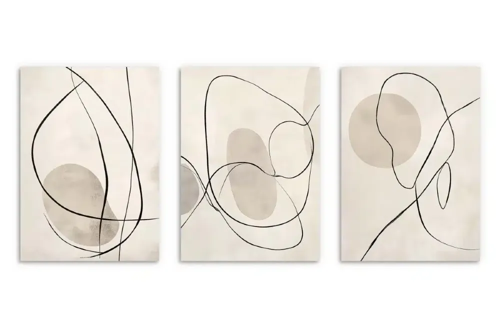 Zestaw 3 minimalistycznych obrazów abstrakcyjnych, czarne linie na beżowym tle, styl Japandi