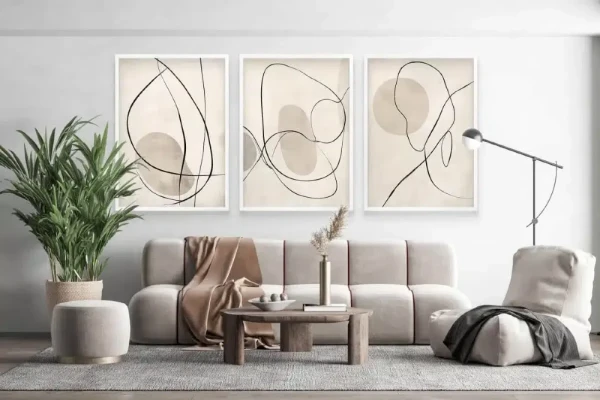 Zestaw 3 minimalistycznych plakatów abstrakcyjnych,  styl Japandi