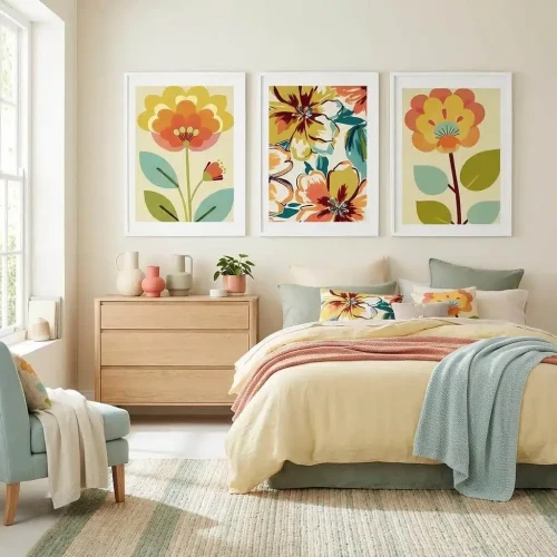 Zestaw 3 plakatów retro z żółtymi kwiatami w stylu mid-century modern do sypialni  Patihome