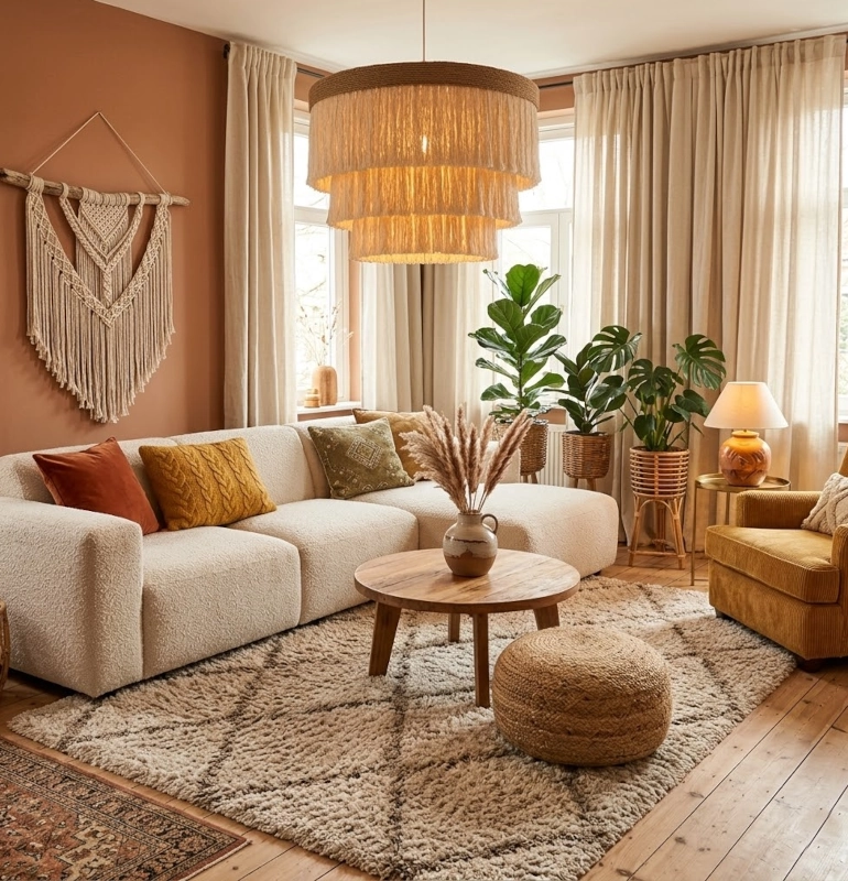 lampa boho wisząca do salonu sznurek juta