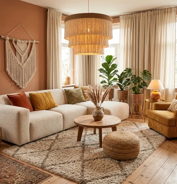 lampa boho wisząca do salonu sznurek juta