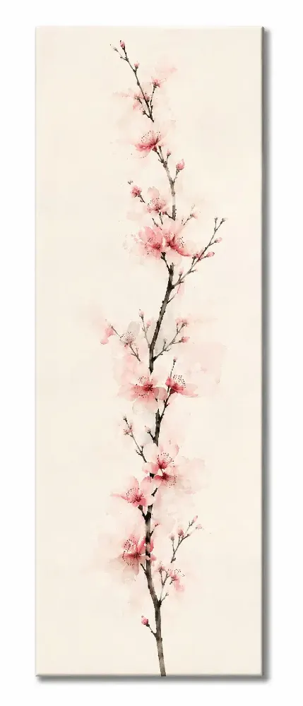 Pionowy obraz na płótnie przedstawiający gałązkę kwitnącej wiśni japońskiej sakura w różowym kolorze.