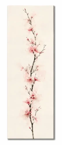 Pionowy obraz na płótnie przedstawiający gałązkę kwitnącej wiśni japońskiej sakura w różowym kolorze.