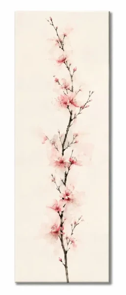 Pionowy obraz na płótnie przedstawiający gałązkę kwitnącej wiśni japońskiej sakura w różowym kolorze.