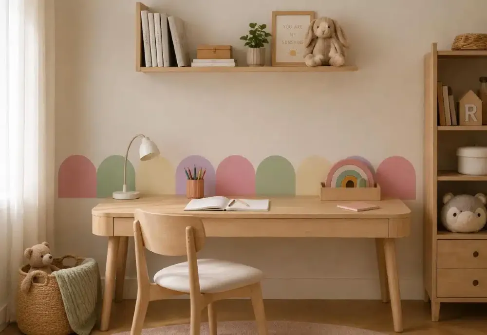 Pastelowy border ścienny łuki naklejony nad stolikiem w pokoju dziecięcym boho.