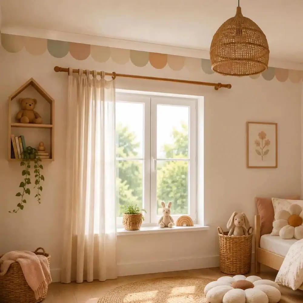 Samoprzylepny border ścienny szałwia i beż naklejony pod sufitem w pokoju dziecięcym w stylu vintage z wiklinową lampą.