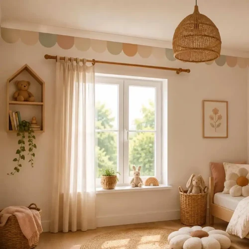 Samoprzylepny border ścienny szałwia i beż naklejony pod sufitem w pokoju dziecięcym w stylu vintage z wiklinową lampą.