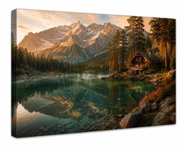 Zbliżenie na strukturę płótna Canvas i zadrukowany bok obrazu z motywem górskiego krajobrazu