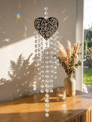 Szklany łapacz słońca Serce Kolorowe o długości 104cm, wiszący nad drewnianą komodą i rzucający tęczowe refleksy na ścianę