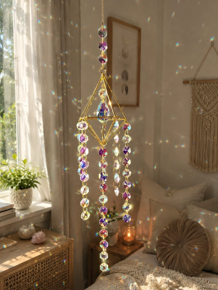 Złoty przestrzenny łapacz słońca Diament o długości 98cm wiszący w sypialni i rzucający intensywne, kolorowe refleksy świetlne na ściany.