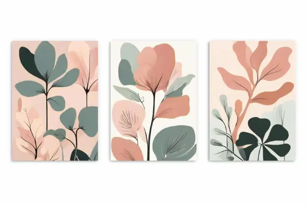 minimalistyczne grafiki z motywem roślinnym do salonu japandi