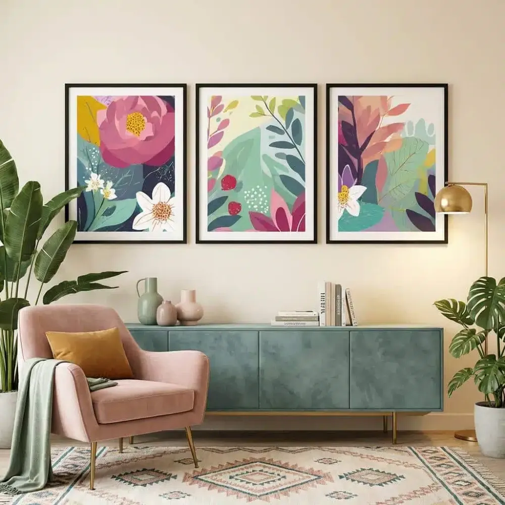 elegancka galeria ścienna motyw kwiatowy nad komodę
