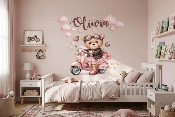naklejka z imieniem dziecka miś na ścianę