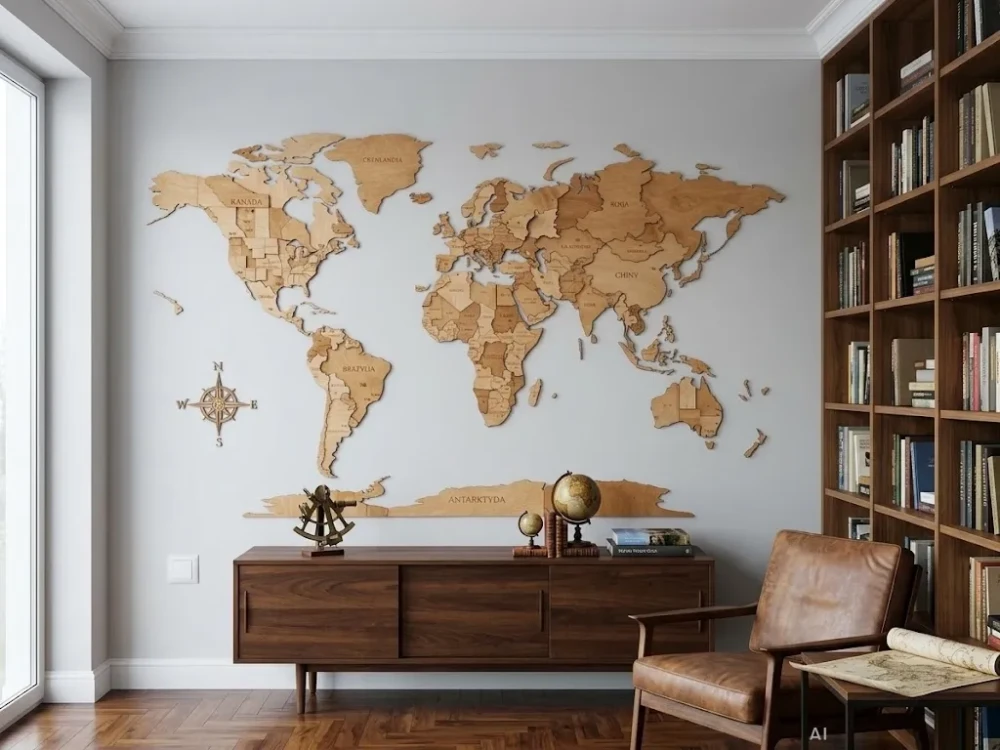 Drewniana mapa świata 3D w kolorze winchester na ścianie w salonie obok regału z książkami