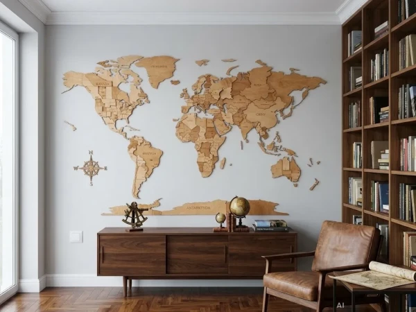 Drewniana mapa świata 3D w kolorze winchester na ścianie w salonie obok regału z książkami