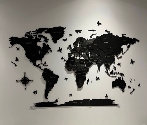czarna drewniana mapa świata 3d na ścianę czarny mat