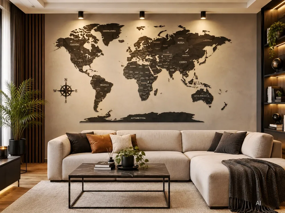 mapa świata czarny mat drewno patihome