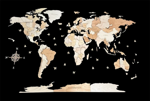 Dwukolorowa drewniana mapa świata 3D w odcieniach winchester i naturalnej sklejki na ścianie