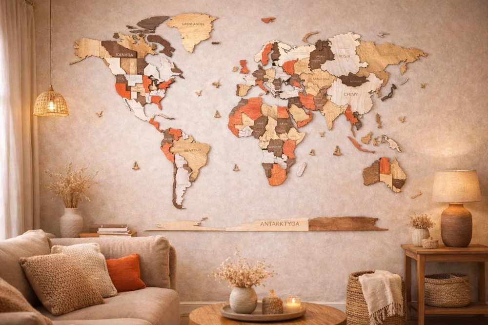 Wielowarstwowa drewniana mapa świata 3D na ścianie w salonie w odcieniach Winchester i Palisander