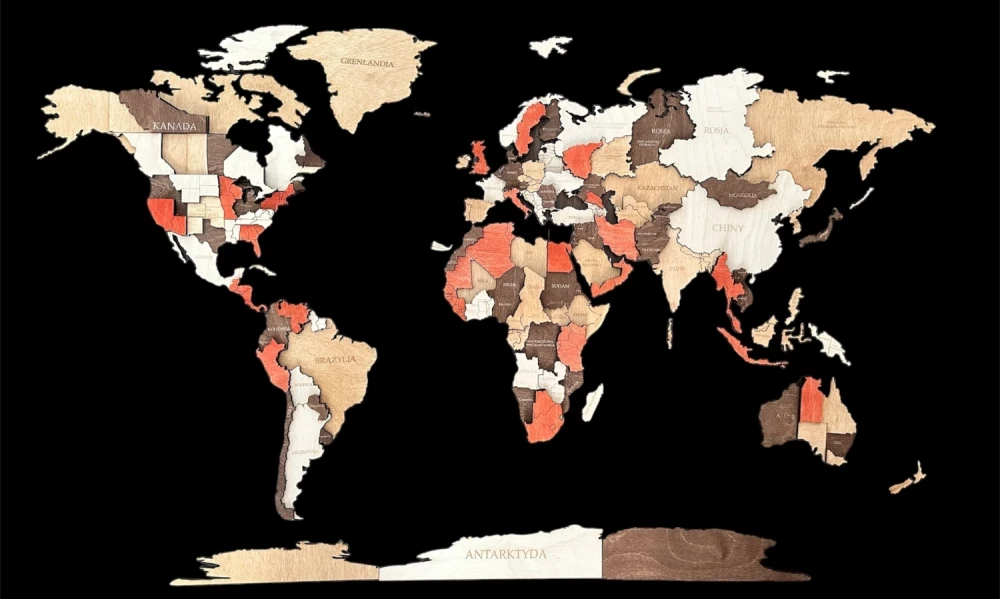 drewniana mapa świata 3D wielokolorowa