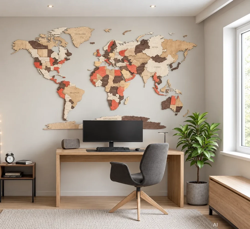 duża mapa świata z drewna handmade do pokoju na jasnej ścianie